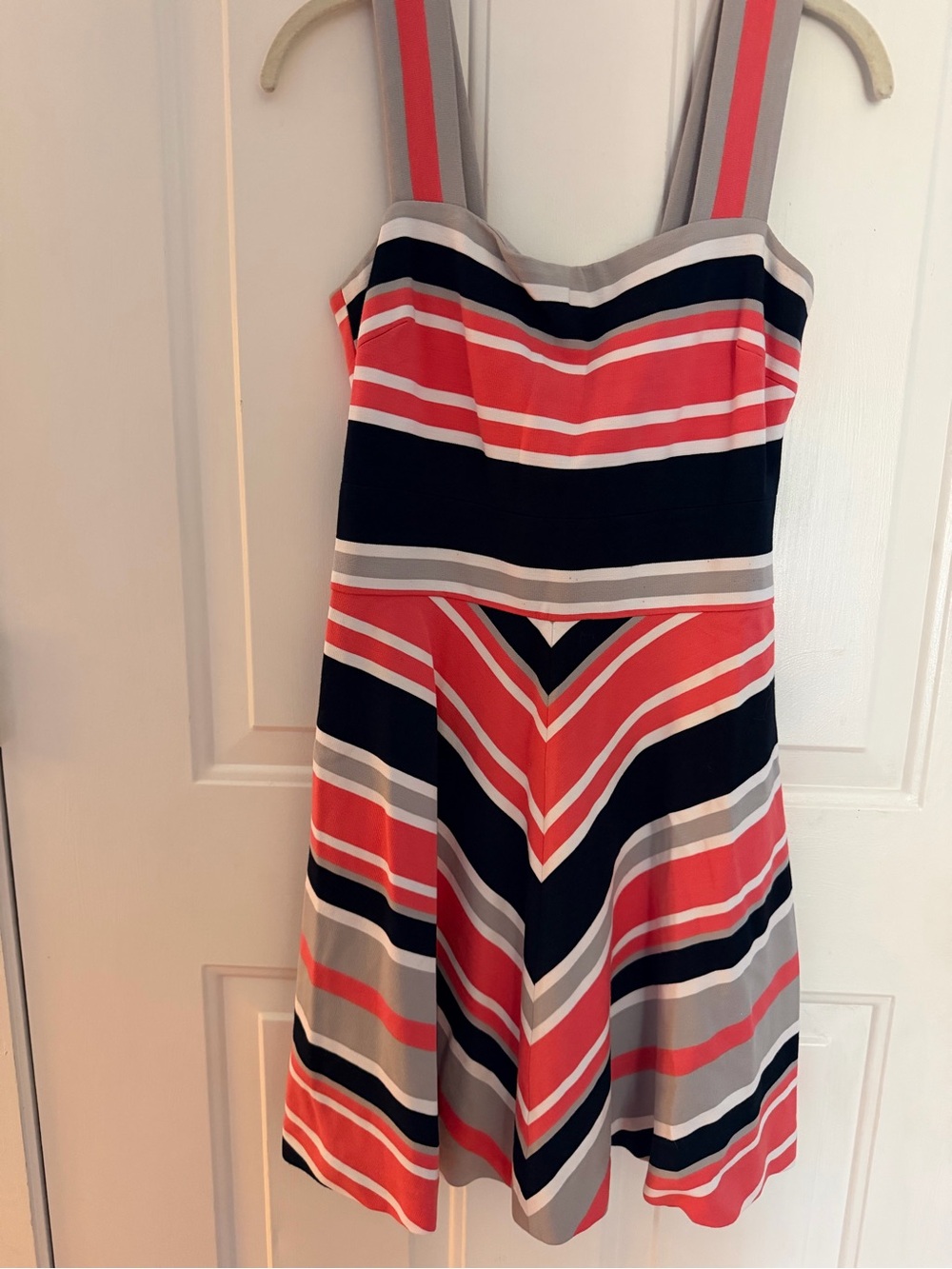Milly x Banana Republic dress, fitted bodice A-line skirt Navy/coral/white